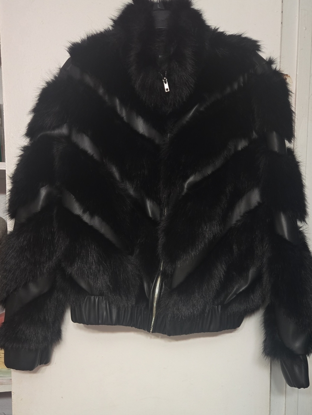 Fashion Nova Black Faux Fur Chevron Bomber Jacket